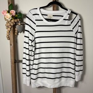 Chaser Striped Cutout Shoulder Sweatshirt‎ Black White Crew Neck Size Medium